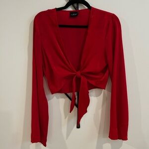 Urban Outfitters Silky Red Tie-Front Blouse with Bell Sleeves